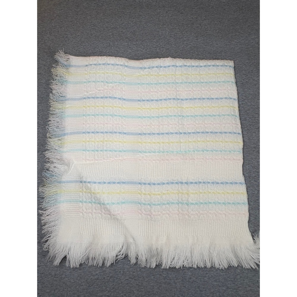 Vintage Woven Baby Blanket Pastel Stripes White Fringe Acrylic Made‎ in Japan